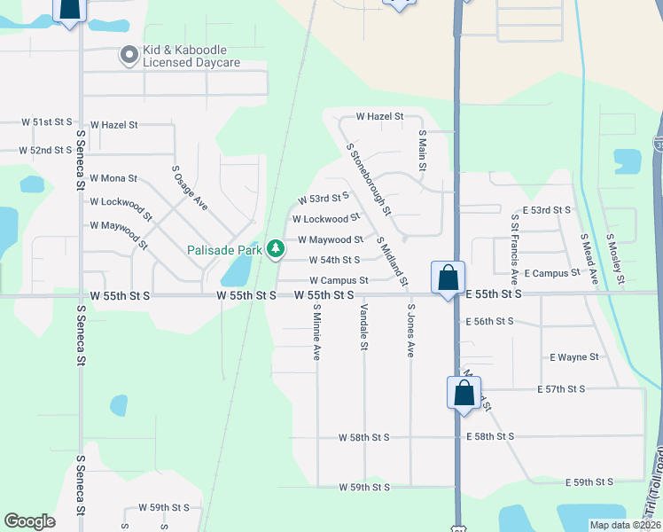 map of restaurants, bars, coffee shops, grocery stores, and more near 405 West 54th Street South in Wichita
