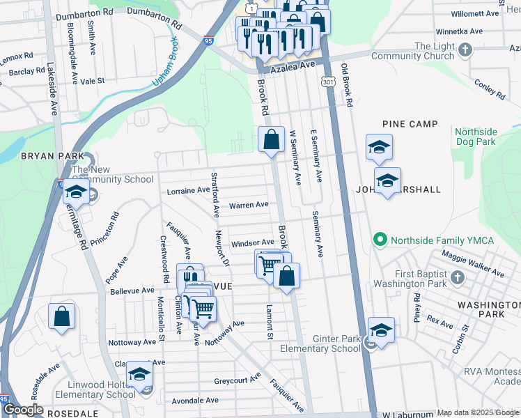 map of restaurants, bars, coffee shops, grocery stores, and more near 1211 Warren Avenue in Richmond