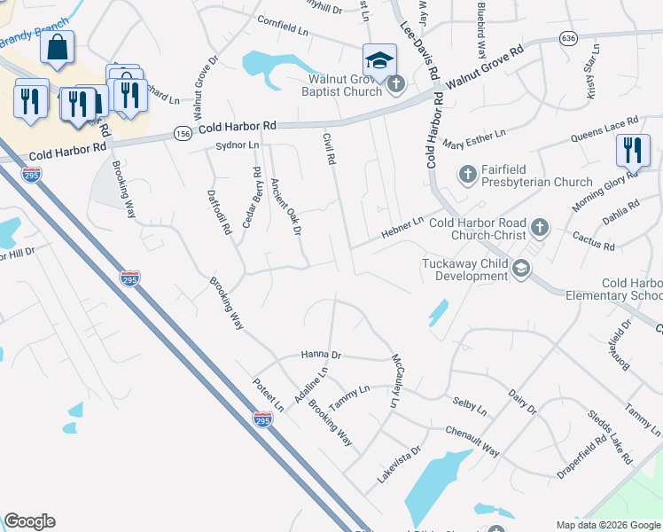 map of restaurants, bars, coffee shops, grocery stores, and more near 7203 History Lane in Mechanicsville