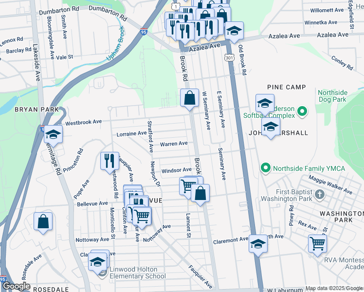 map of restaurants, bars, coffee shops, grocery stores, and more near 1211 Warren Avenue in Richmond