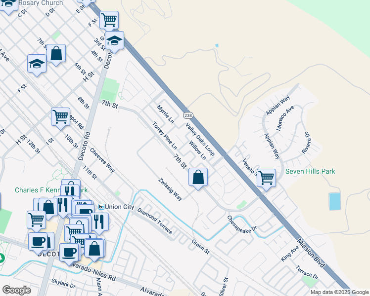 map of restaurants, bars, coffee shops, grocery stores, and more near 34333 Torrey Pine Lane in Union City