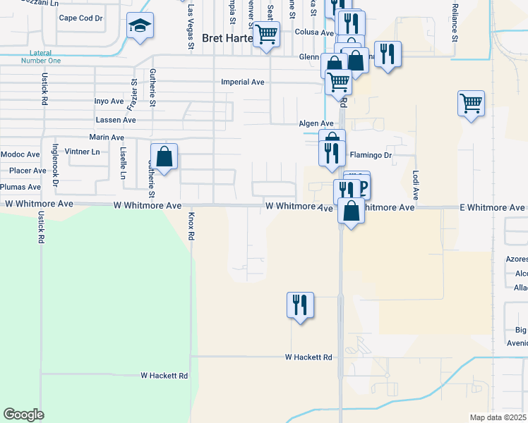 map of restaurants, bars, coffee shops, grocery stores, and more near 412 West Whitmore Avenue in Modesto