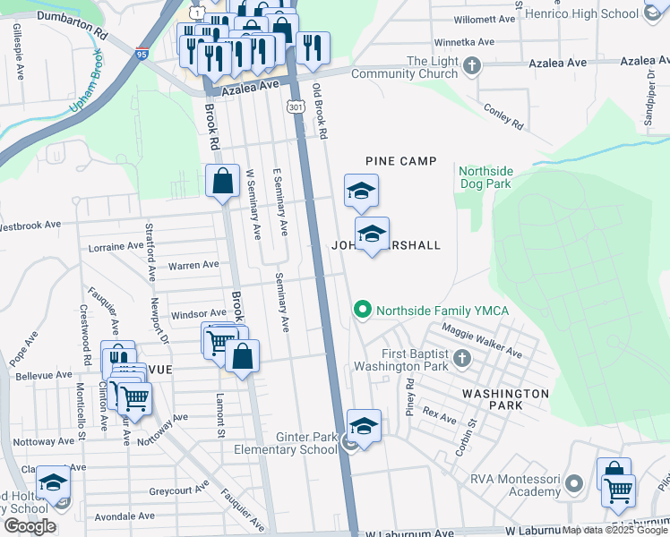 map of restaurants, bars, coffee shops, grocery stores, and more near 4300 Old Brook Road in Richmond
