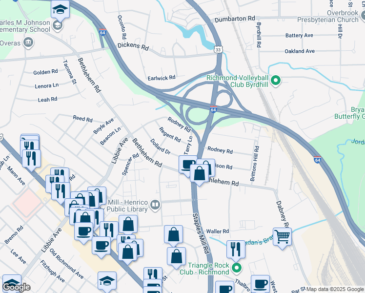 map of restaurants, bars, coffee shops, grocery stores, and more near 4903 Regent Road in Richmond