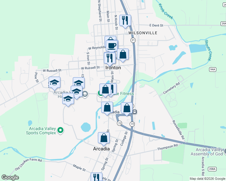 map of restaurants, bars, coffee shops, grocery stores, and more near 363 South Main Street in Ironton