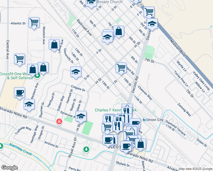 map of restaurants, bars, coffee shops, grocery stores, and more near 33854 14th Street in Union City