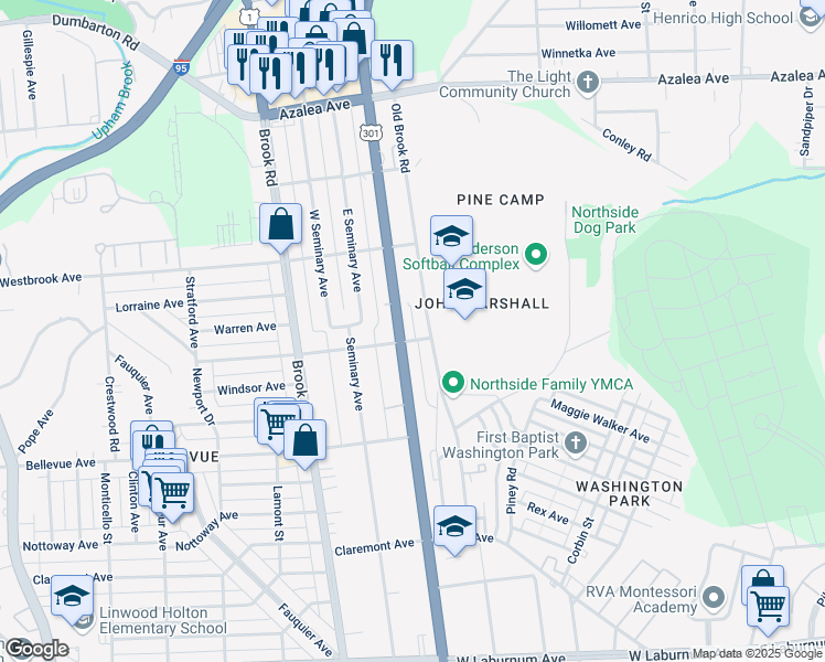 map of restaurants, bars, coffee shops, grocery stores, and more near 4300 Old Brook Road in Richmond