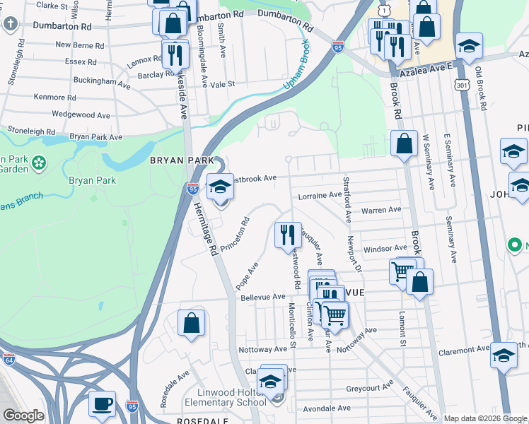 map of restaurants, bars, coffee shops, grocery stores, and more near 1604 Pope Avenue in Richmond