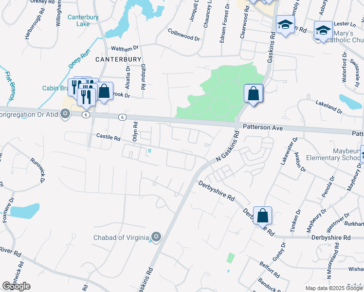 map of restaurants, bars, coffee shops, grocery stores, and more near 10020 Castile Road in Henrico