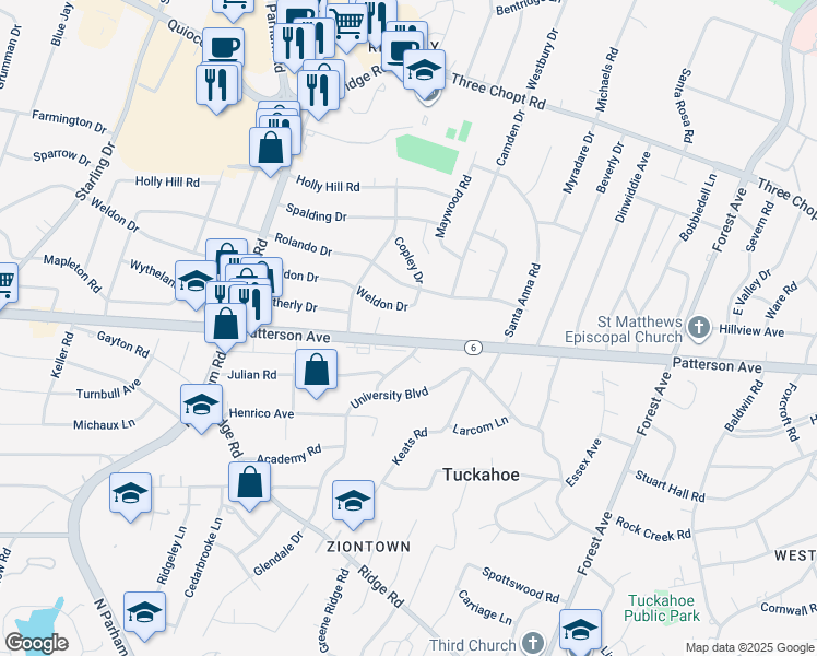 map of restaurants, bars, coffee shops, grocery stores, and more near 8402 Patterson Avenue in Richmond