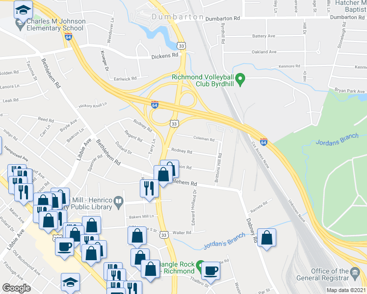 map of restaurants, bars, coffee shops, grocery stores, and more near 4820 Rodney Road in Richmond