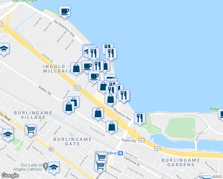 map of restaurants, bars, coffee shops, grocery stores, and more near 1350 Old Bayshore Highway in Burlingame