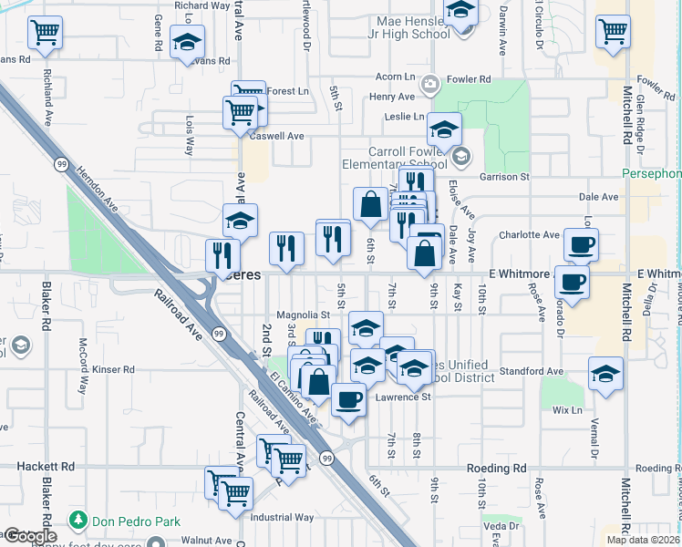 map of restaurants, bars, coffee shops, grocery stores, and more near East Whitmore Avenue & 5th Street in Ceres