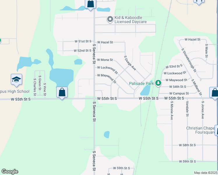 map of restaurants, bars, coffee shops, grocery stores, and more near 905 West 54th Street South in Wichita