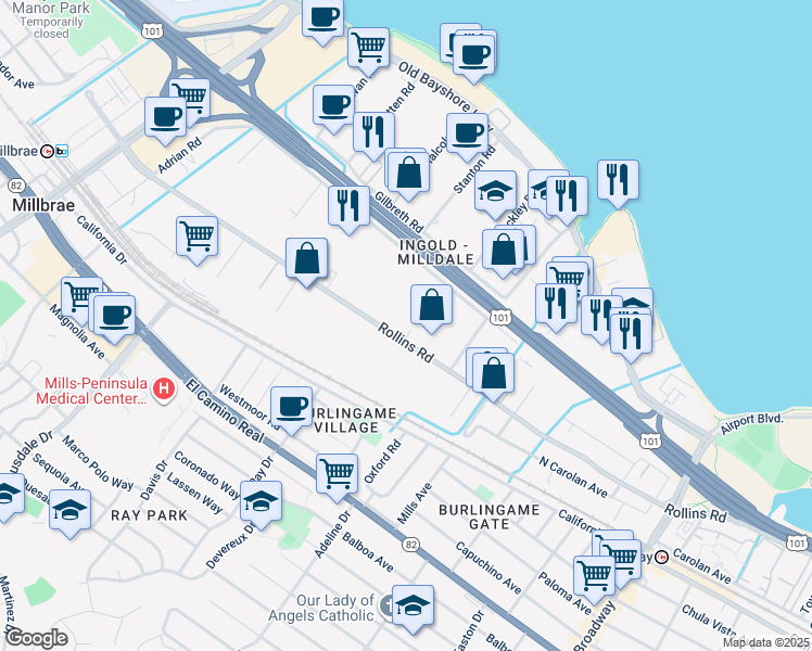 map of restaurants, bars, coffee shops, grocery stores, and more near 1576 Rollins Road in Burlingame