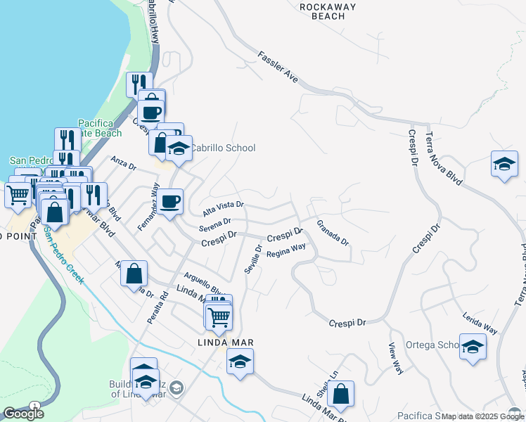 map of restaurants, bars, coffee shops, grocery stores, and more near 952 Alta Vista Drive in Pacifica
