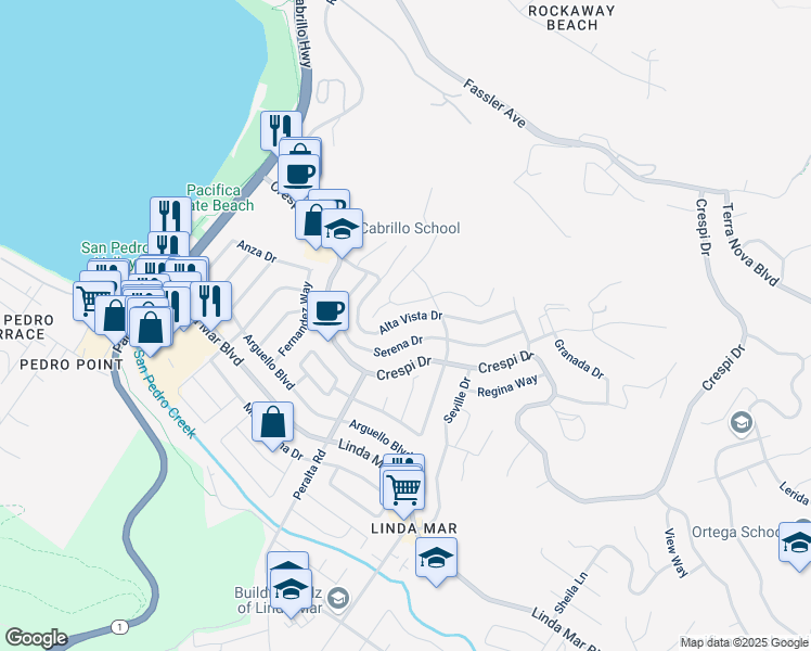map of restaurants, bars, coffee shops, grocery stores, and more near 835 Serena Drive in Pacifica