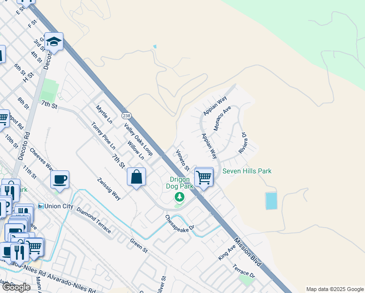 map of restaurants, bars, coffee shops, grocery stores, and more near 239 Entrada Plaza in Union City
