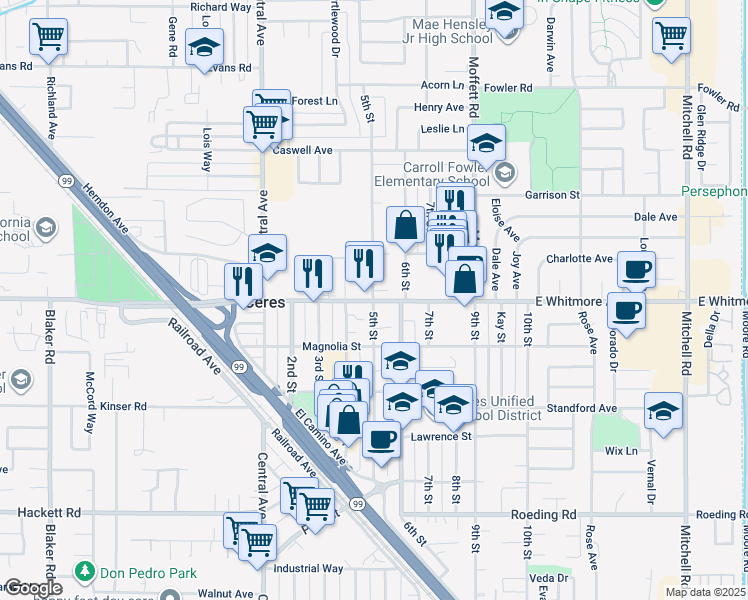 map of restaurants, bars, coffee shops, grocery stores, and more near 2498 5th Street in Ceres