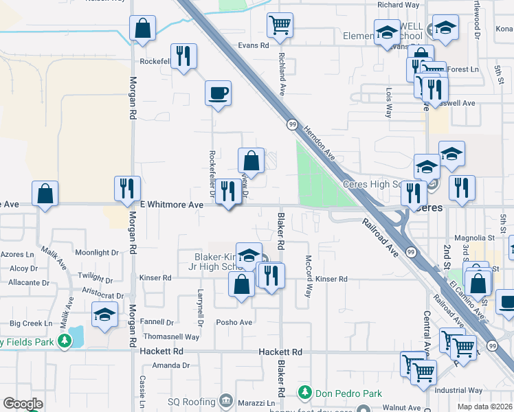 map of restaurants, bars, coffee shops, grocery stores, and more near 1612 East Whitmore Avenue in Ceres