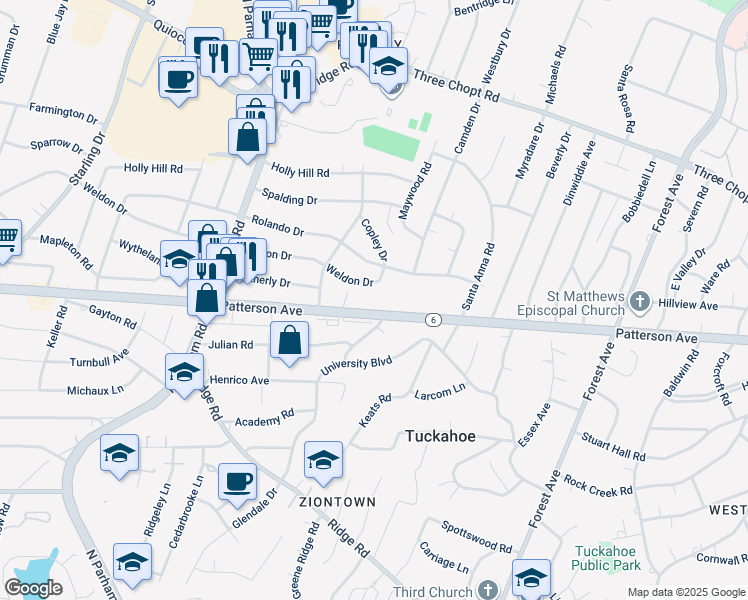 map of restaurants, bars, coffee shops, grocery stores, and more near 8402 Patterson Avenue in Richmond