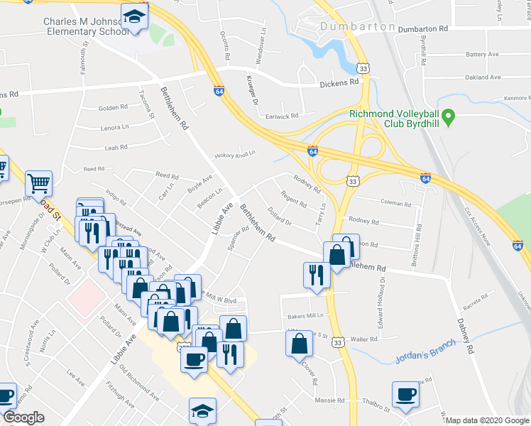 map of restaurants, bars, coffee shops, grocery stores, and more near 5005 Dollard Drive in Richmond