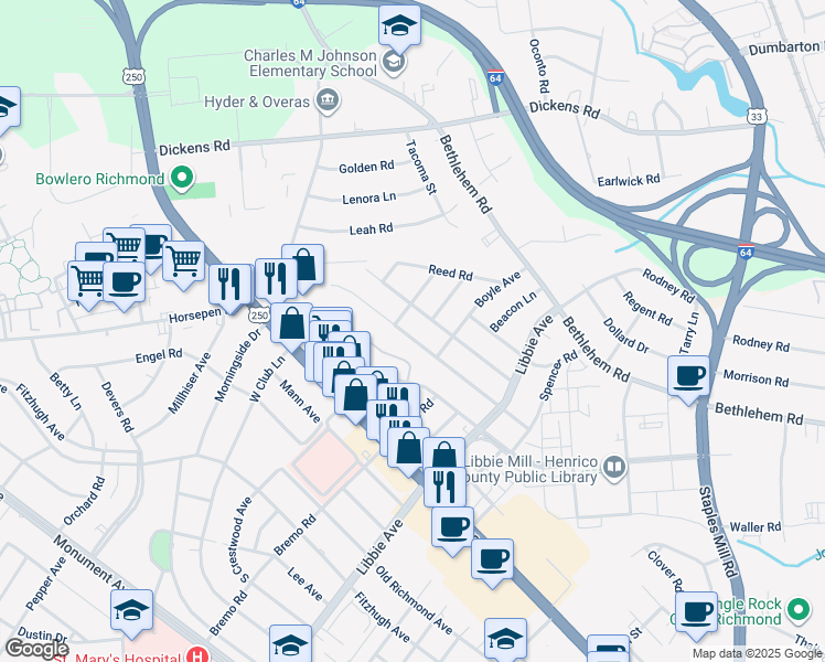 map of restaurants, bars, coffee shops, grocery stores, and more near 5810 Indigo Road in Richmond