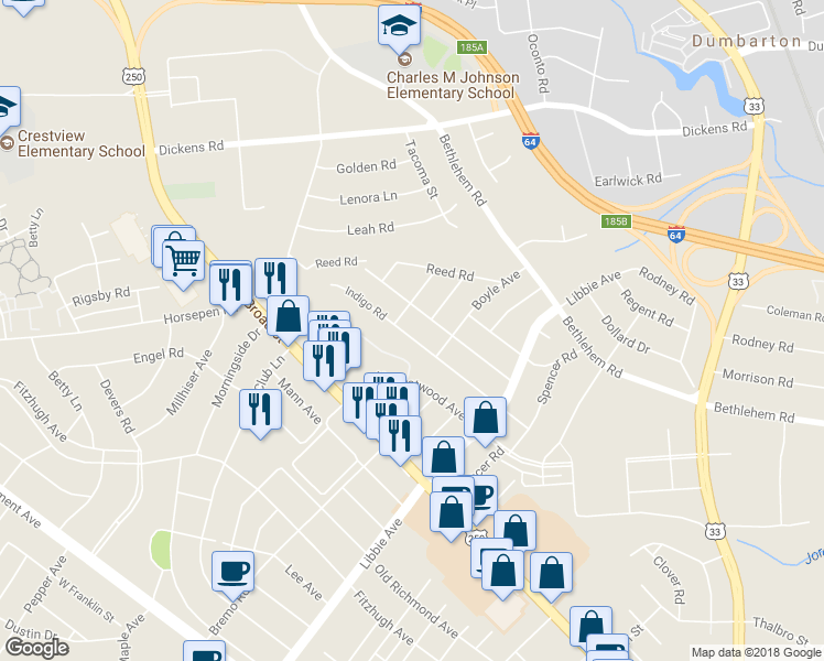 map of restaurants, bars, coffee shops, grocery stores, and more near 5810 Indigo Road in Richmond