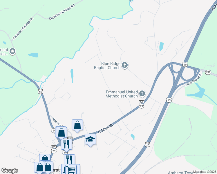 map of restaurants, bars, coffee shops, grocery stores, and more near State Route 1120 in Amherst