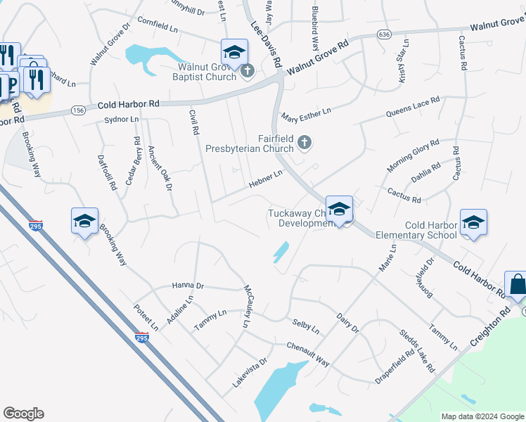 map of restaurants, bars, coffee shops, grocery stores, and more near 7107 Port Lane in Mechanicsville