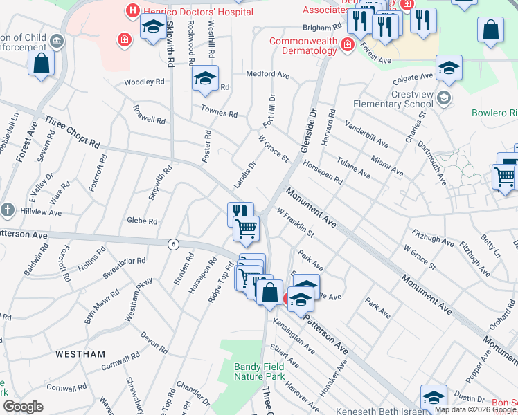 map of restaurants, bars, coffee shops, grocery stores, and more near 7302 Three Chopt Road in Richmond