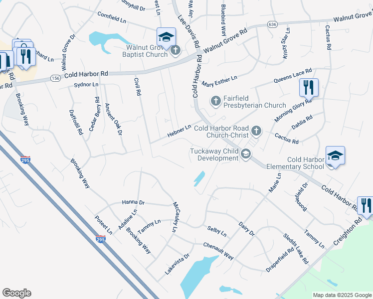 map of restaurants, bars, coffee shops, grocery stores, and more near 7107 Port Lane in Mechanicsville