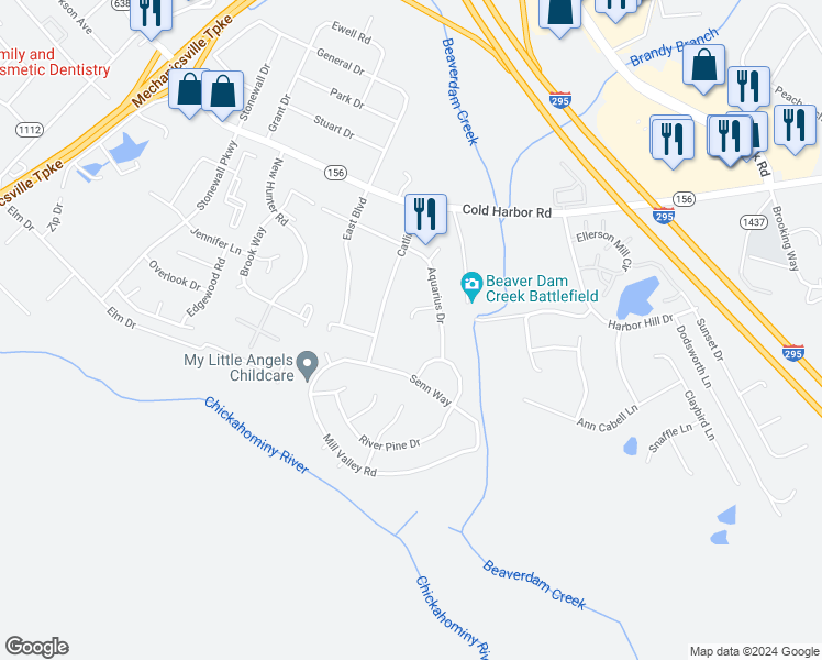 map of restaurants, bars, coffee shops, grocery stores, and more near 7129 Lynnroy Way in Mechanicsville