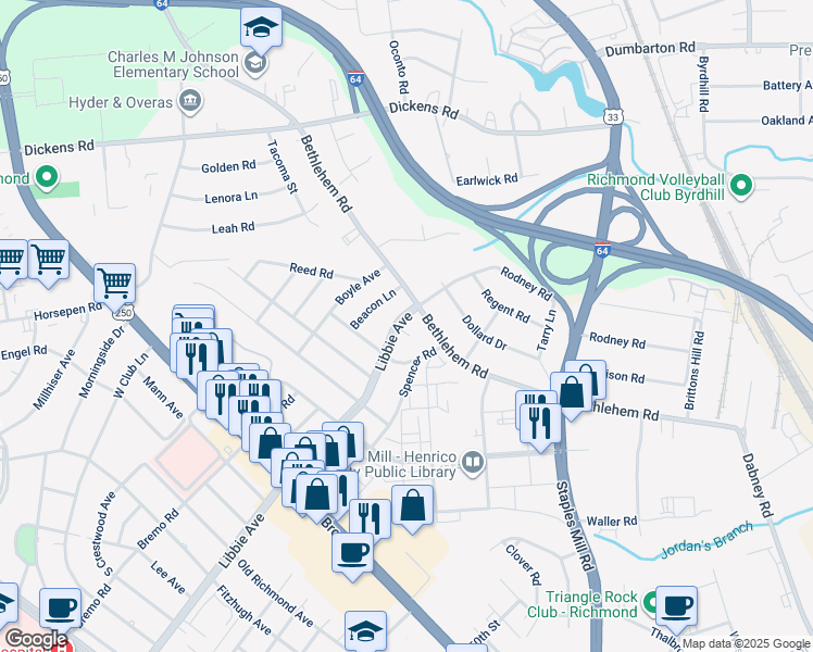 map of restaurants, bars, coffee shops, grocery stores, and more near 2413 Libbie Avenue in Richmond
