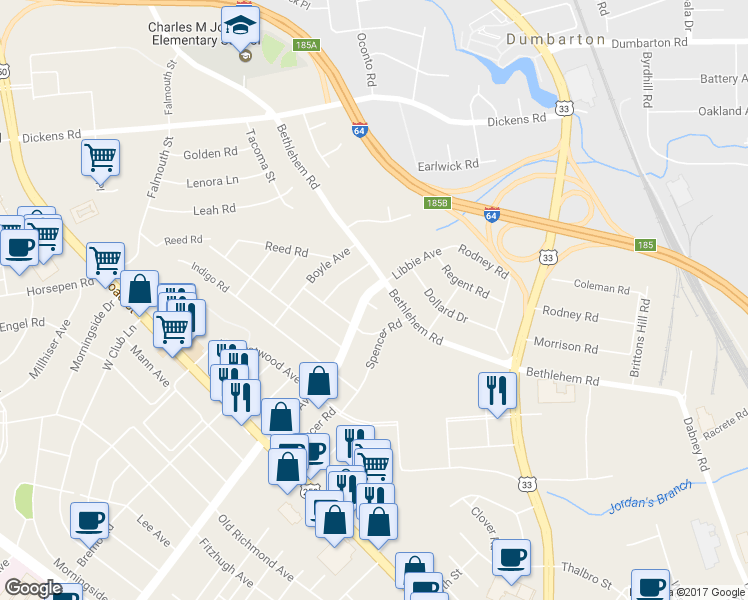map of restaurants, bars, coffee shops, grocery stores, and more near 2413 Libbie Avenue in Richmond