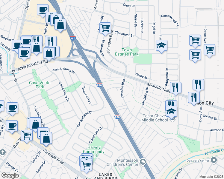 map of restaurants, bars, coffee shops, grocery stores, and more near 32100 Almaden Boulevard in Union City