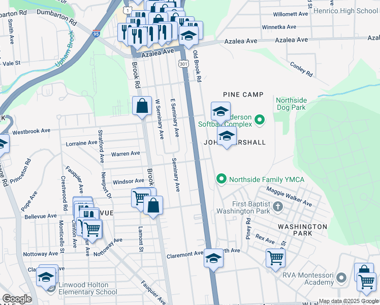 map of restaurants, bars, coffee shops, grocery stores, and more near 1000 Westminster Avenue in Richmond