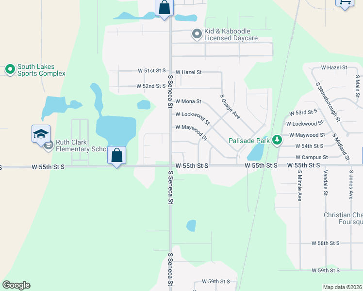 map of restaurants, bars, coffee shops, grocery stores, and more near 5530 South Seneca Street in Wichita