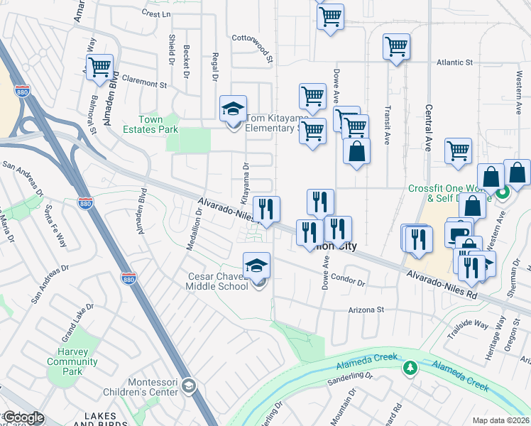 map of restaurants, bars, coffee shops, grocery stores, and more near 32777 Olympiad Court in Union City