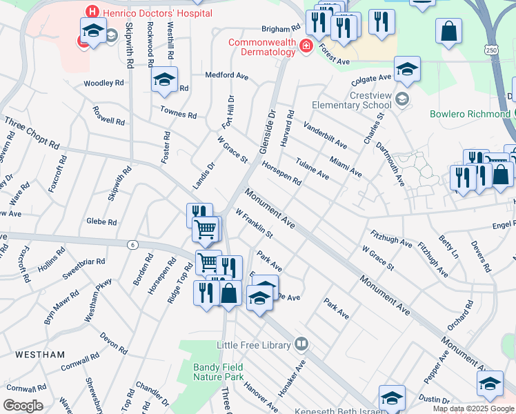 map of restaurants, bars, coffee shops, grocery stores, and more near 7009 Monument Avenue in Richmond