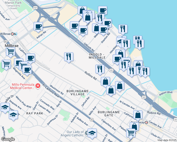 map of restaurants, bars, coffee shops, grocery stores, and more near 1576 Rollins Road in Burlingame