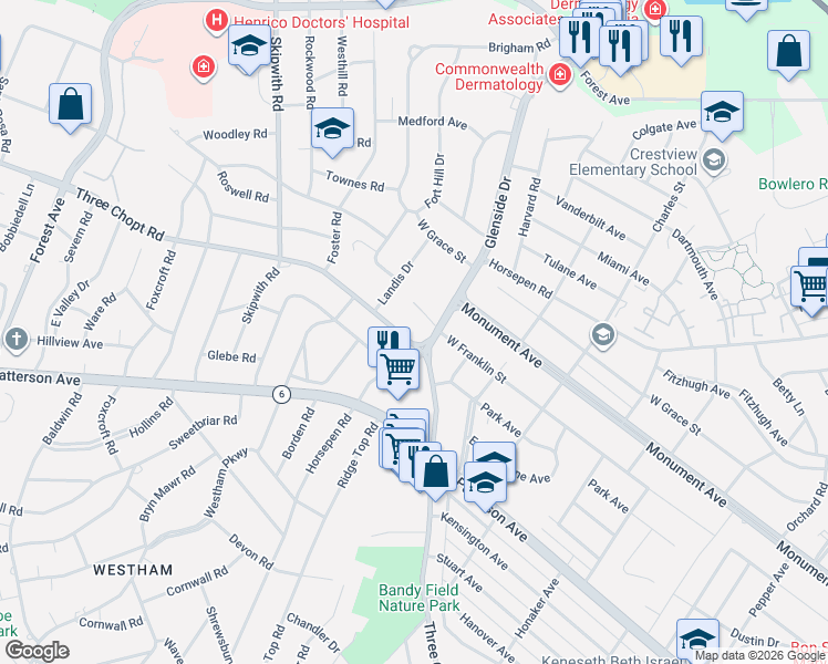map of restaurants, bars, coffee shops, grocery stores, and more near 7302 Three Chopt Road in Richmond