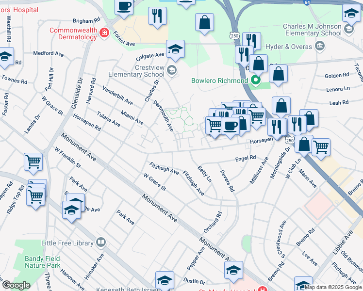 map of restaurants, bars, coffee shops, grocery stores, and more near 6607 Horsepen Road in Richmond