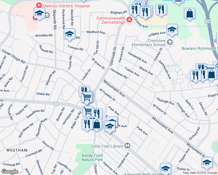 map of restaurants, bars, coffee shops, grocery stores, and more near 7009 Monument Avenue in Richmond