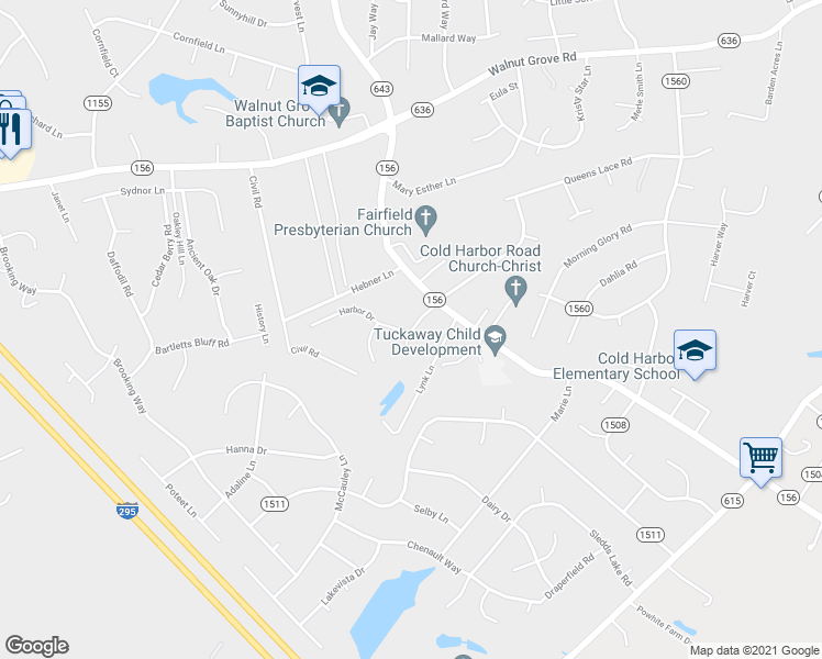 map of restaurants, bars, coffee shops, grocery stores, and more near 7108 Lighthouse Place in Mechanicsville