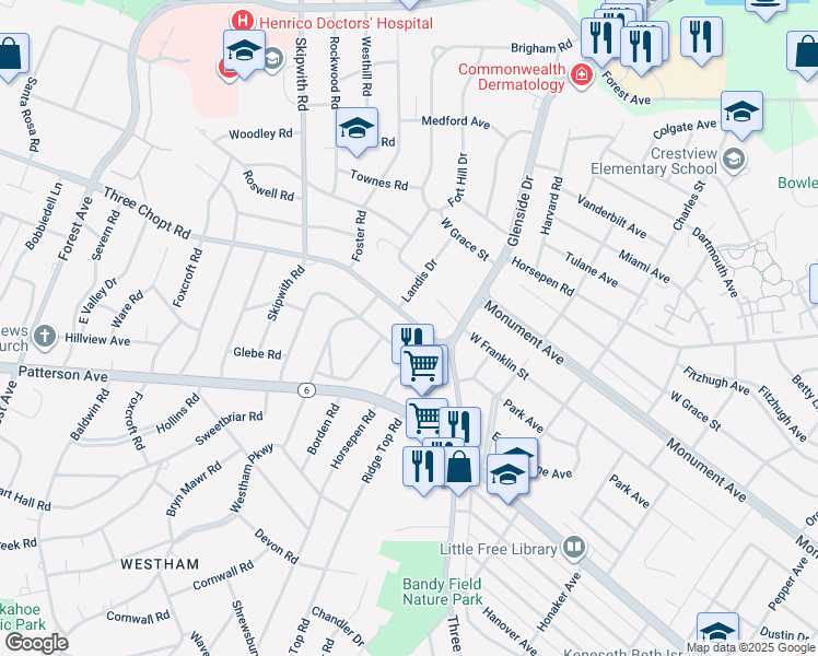 map of restaurants, bars, coffee shops, grocery stores, and more near 7311 Three Chopt Road in Richmond