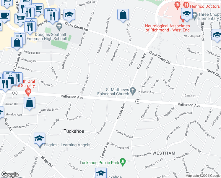 map of restaurants, bars, coffee shops, grocery stores, and more near 1105 Santa Rosa Road in Richmond