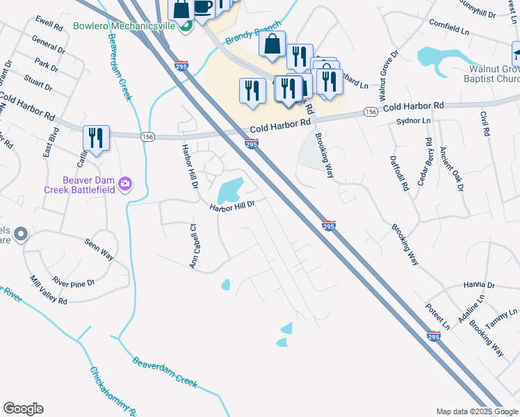 map of restaurants, bars, coffee shops, grocery stores, and more near 7209 Harbor Hill Drive in Mechanicsville