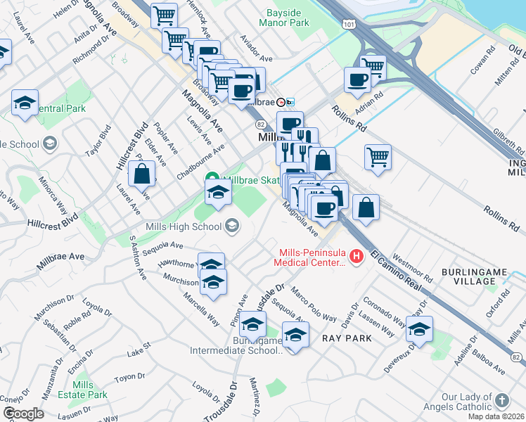 map of restaurants, bars, coffee shops, grocery stores, and more near 300 Murchison Drive in Millbrae