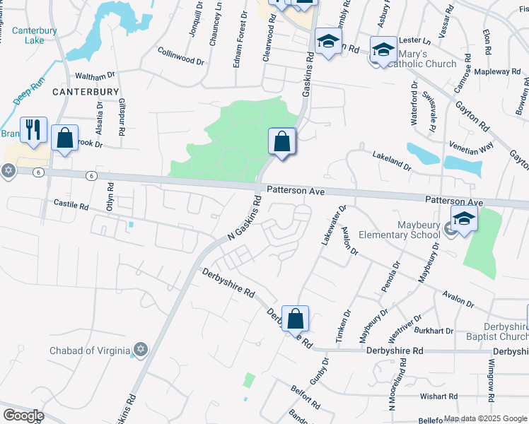 map of restaurants, bars, coffee shops, grocery stores, and more near 9530 Nassington Court in Richmond